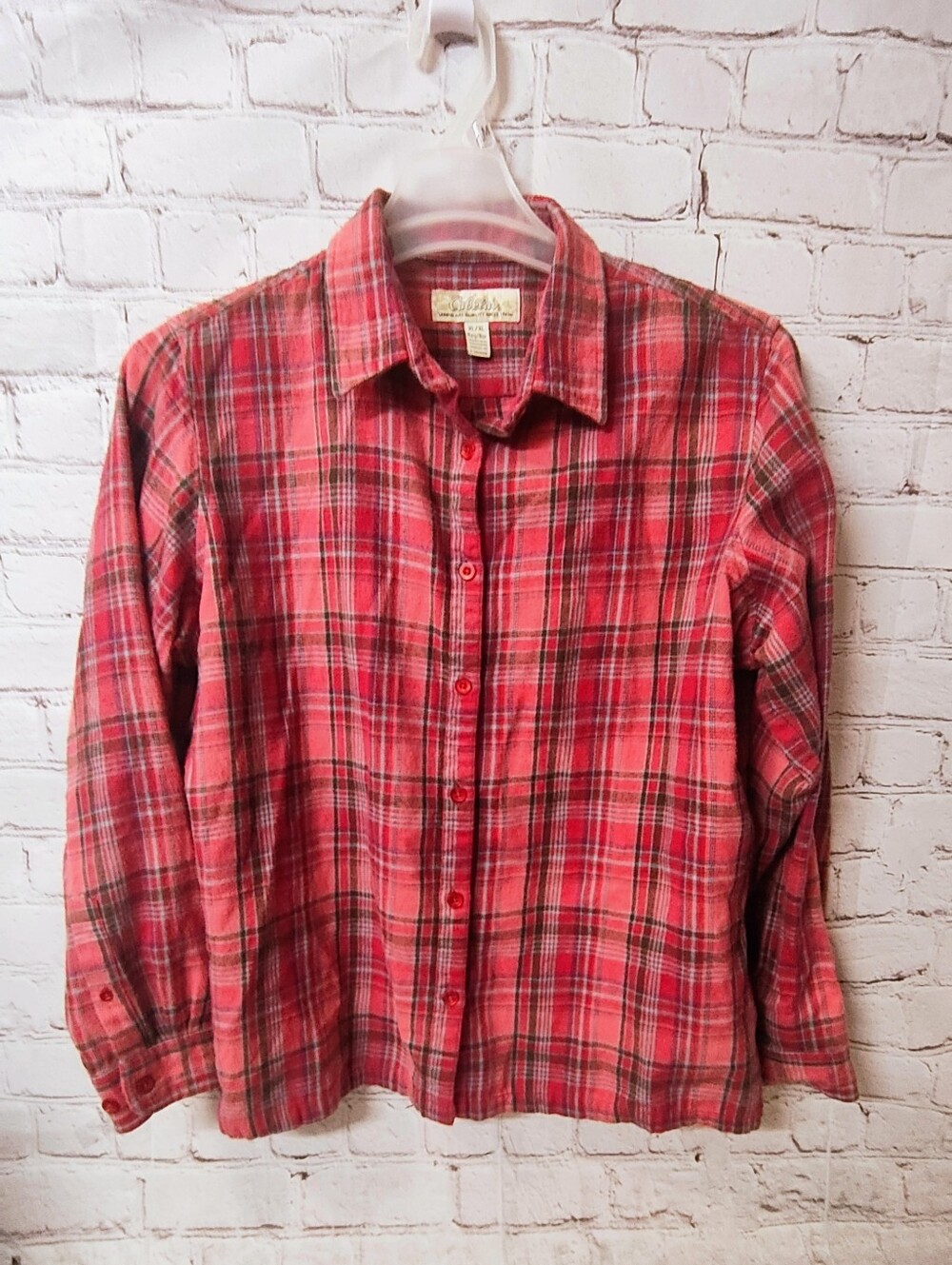 Cabelas Women's Cozy Red PinkFlannel Plaid Button Down XL Shirt Hiking Cabincore